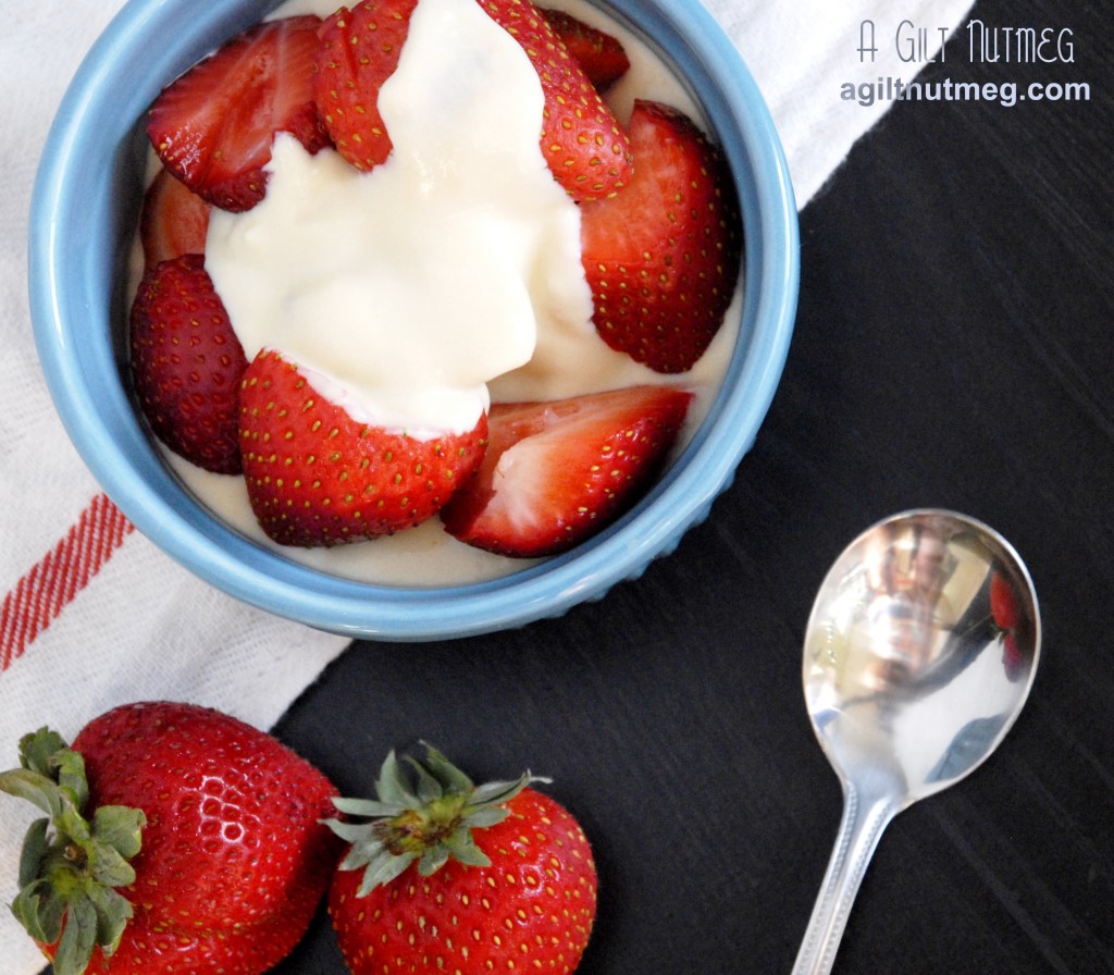 strawberries with honey vanilla creme anglais - overhead